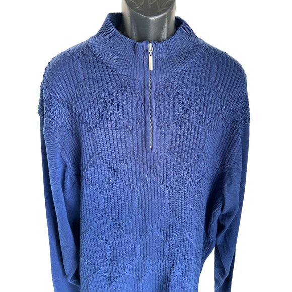Royal Blue Ribbed Knit Pullover With Quarter Zip & Geometric Texture Design - Picture 4 of 13